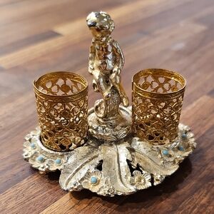 VINTAGE Lipstick Holder Sam Fink Gold Filigree Cherub Vanity 1960's